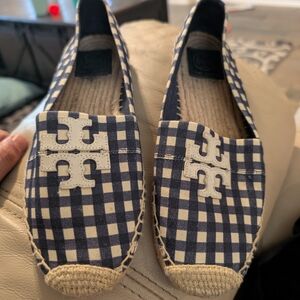 Tory Burch Gingham Espadrille Flats in Navy and Cream